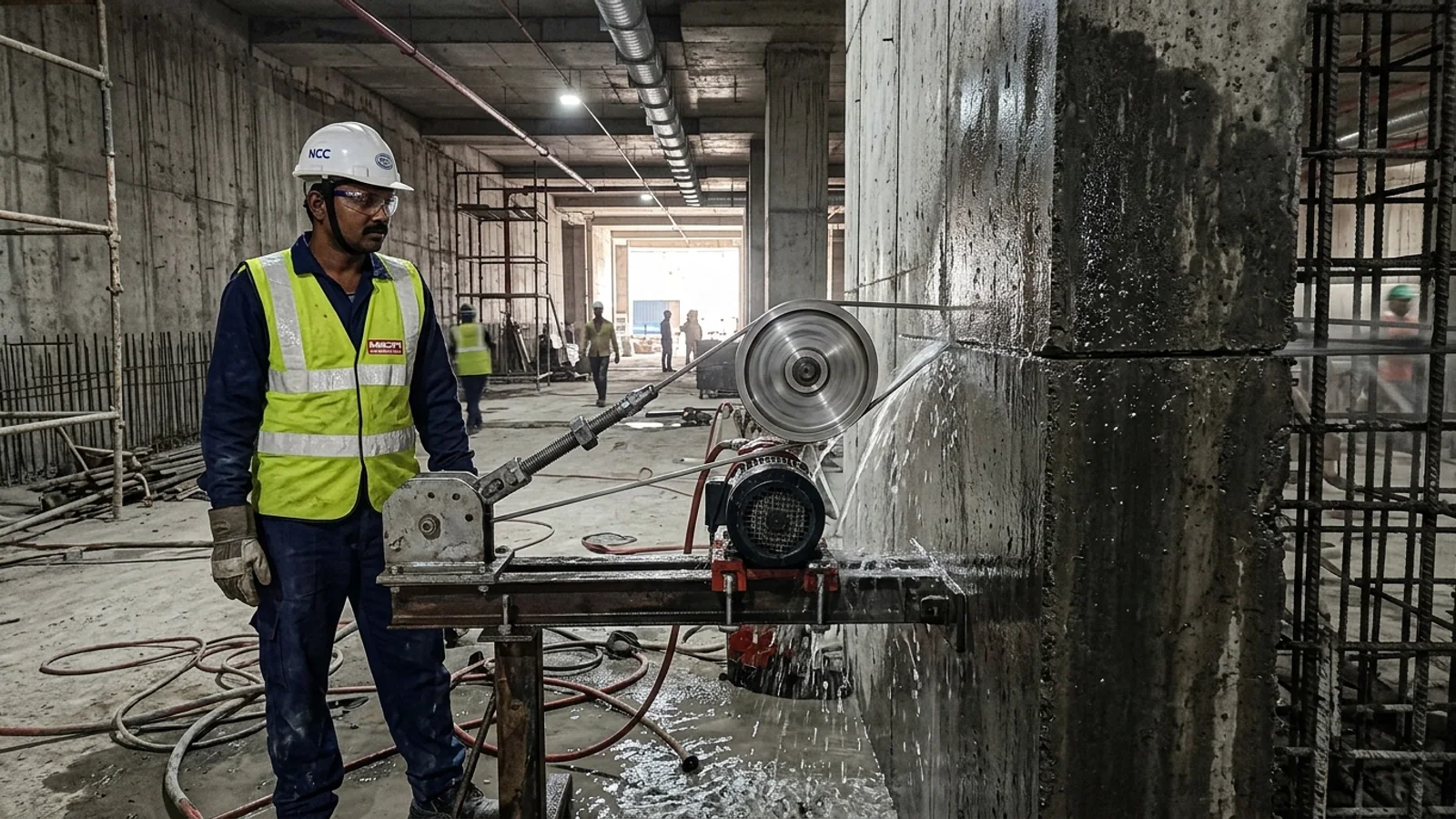 Extreme close-up of diamond saw cutting reinforced concrete in Hyderabad